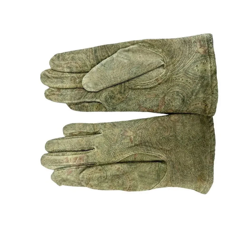 VTG Van Raalte Sueded  Leather Gloves Paisley Sz M Pale Green 1970s